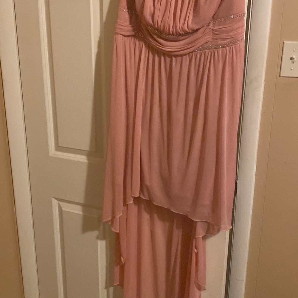 Rose pink semi formal strapless dress.